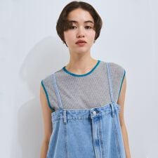 麻タッチ配色ニットノースリトップス≪手洗い可能≫