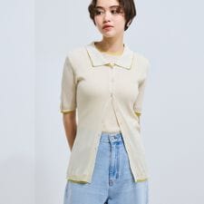 麻調配色ポロニットカーディガン≪手洗い可能≫