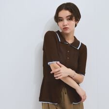 麻調配色ポロニットカーディガン≪手洗い可能≫