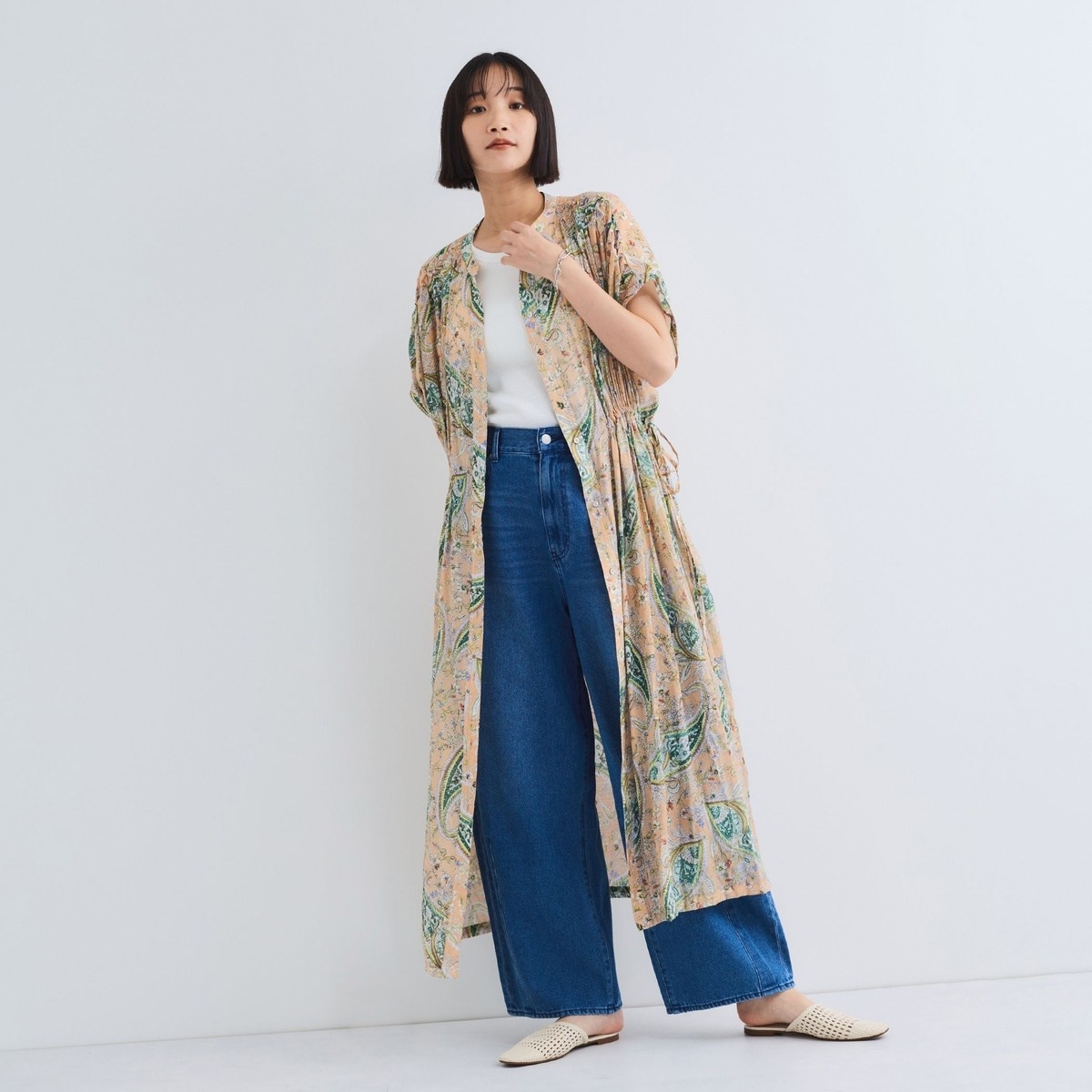 ★試着のみ美品★コットンボイルロールアップハーフスリーブワンピース　ブルー URBAN RESEARCH DOORS｜コットンボイルロールアップハーフ