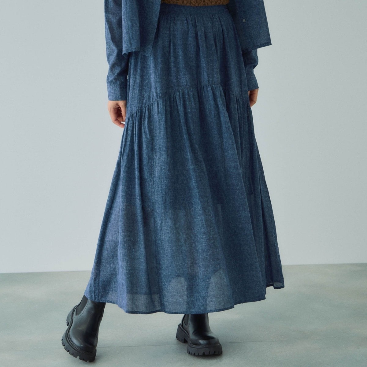 シアーデニムカーブギャザースカート≪セットアップ対応/手洗い