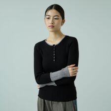 配色キーネックリブニットプルオーバー≪手洗い可能≫