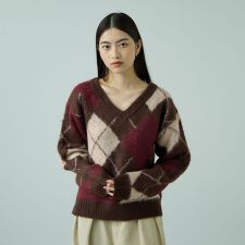 アーガイルVネックニット≪手洗い可能≫