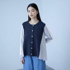 異素材切替クルーネックニットカーディガン