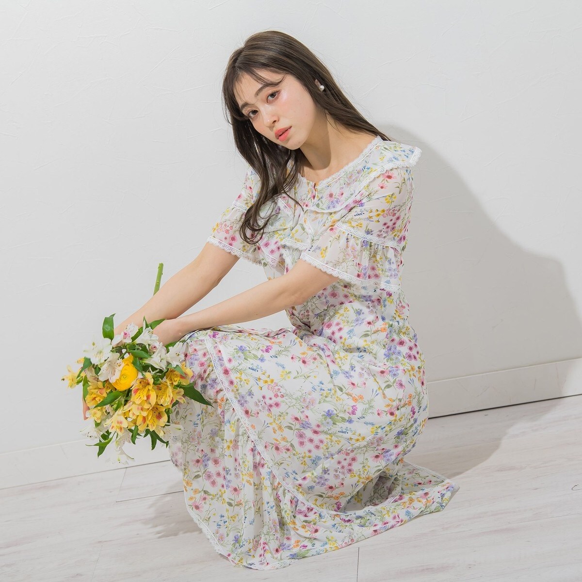 フラワープリント シフォン ワンピース フラワープリントシフォンワンピース≪手洗い可能