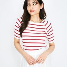 クイーンズコート(QUEENS COURT)のパール釦ボーダーリブニットトップス≪手洗い可能≫