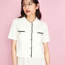 クイーンズコート(QUEENS COURT)の配色ラインポロ襟ニットカーディガントップス≪手洗い可能≫