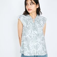 リボンフラワー柄フリルブラウス≪手洗い可能≫