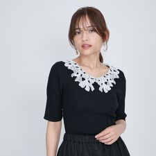 リボンレースカラーリブニット≪手洗い可能≫