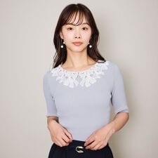 クイーンズコート(QUEENS COURT)のリボンレースカラーリブニット≪手洗い可能≫