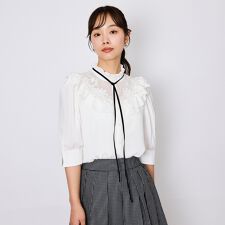 フラワーフリルカラーリボンブラウス≪手洗い可能≫