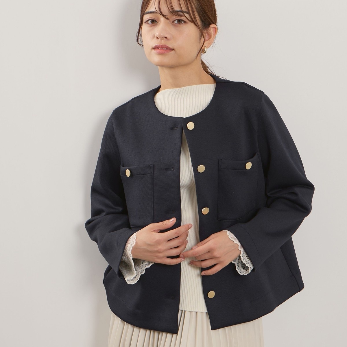 セゾンドパピヨン ウール混　ノーカラーショートコート セゾンドパピヨン SAISON DE PAPILLON ウール混ノーカラーショート丈