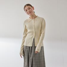 くるみボタンポロニットカーディガン≪手洗い可能≫