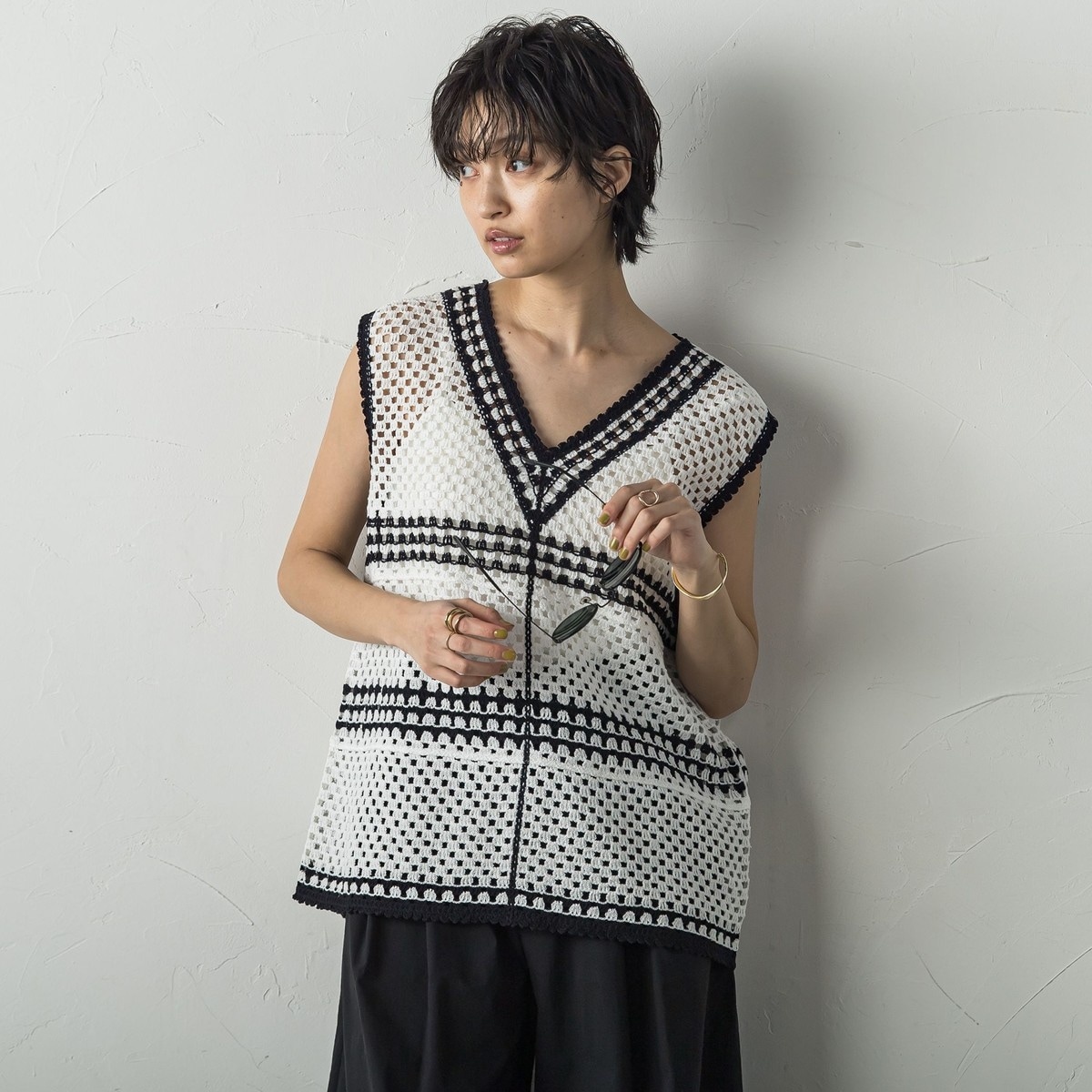 配色クロシェニットタンクトップ≪手洗い可能≫