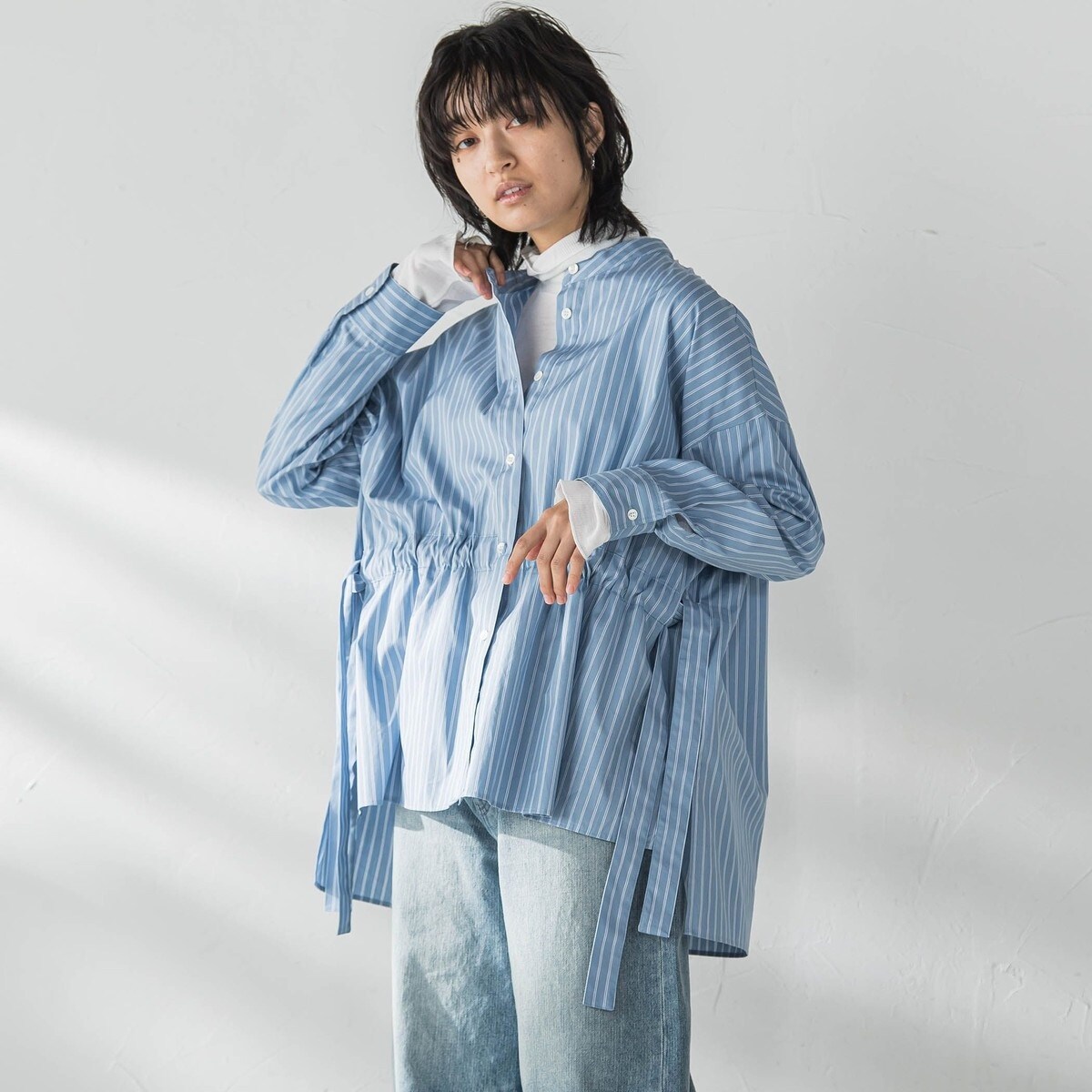 カラーストライプウエストマークオーバーシャツ≪洗濯機で洗える
