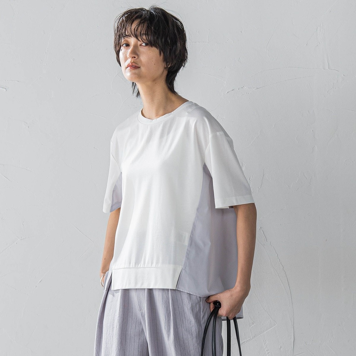 【WEB限定】異素材Aラインプルオーバー≪洗濯機で洗える≫ OPAQUE.CLIP tシャツ 異素材Aラインカットソー シルク調コットン