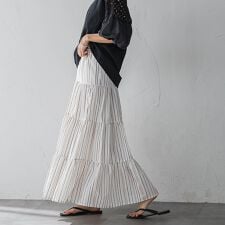 【WEB限定】マルチストライプリネンタッチティアードスカート≪洗濯機で洗える≫