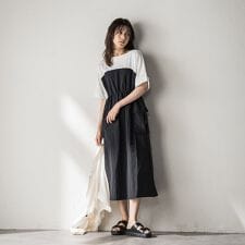 【WEB限定 / 新色追加】異素材ドッキングドロストワンピース≪洗濯機で洗える≫