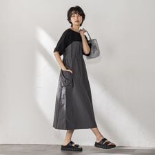 【WEB限定 / 新色追加】異素材ドッキングドロストワンピース≪洗濯機で洗える≫