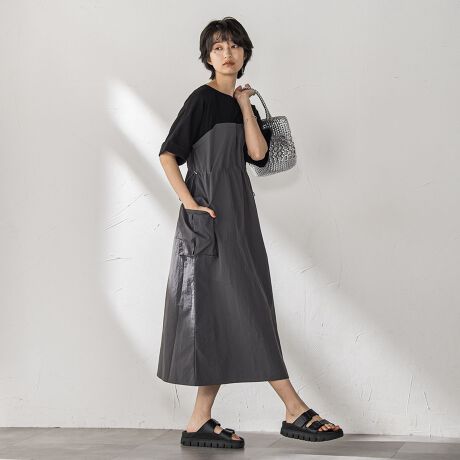 《プラスサイズ》異素材ドッキングジレ