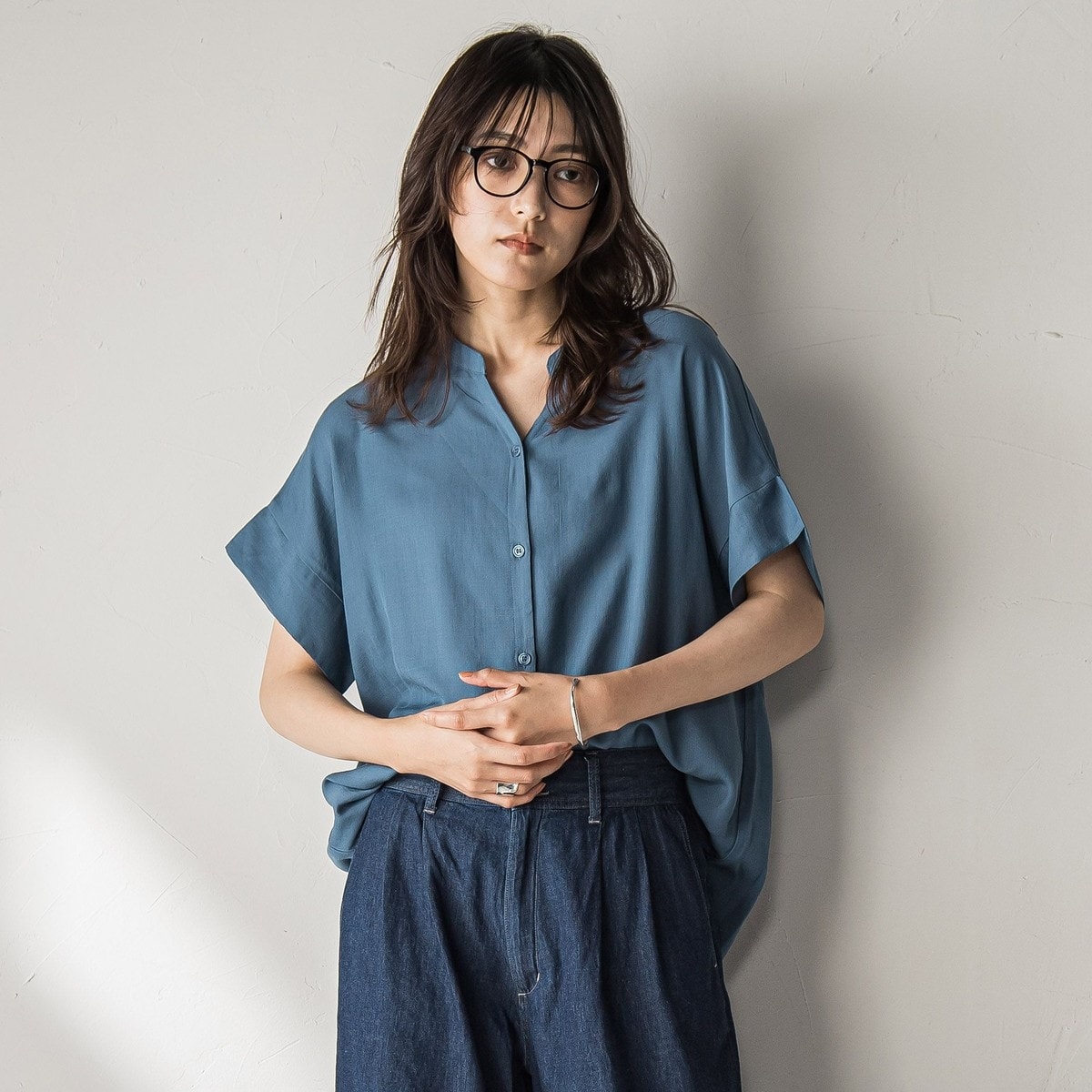 moamaman 人気ハンドメイド作家✨ リネンシャツ WEB限定】バンドカラーリネンライクシャツ≪洗濯機で洗える
