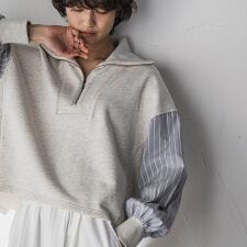 ストライプスリーブハーフジッププルオーバー≪手洗い可能≫