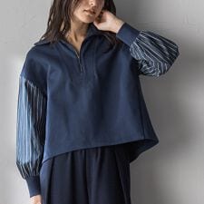 ストライプスリーブハーフジッププルオーバー≪手洗い可能≫