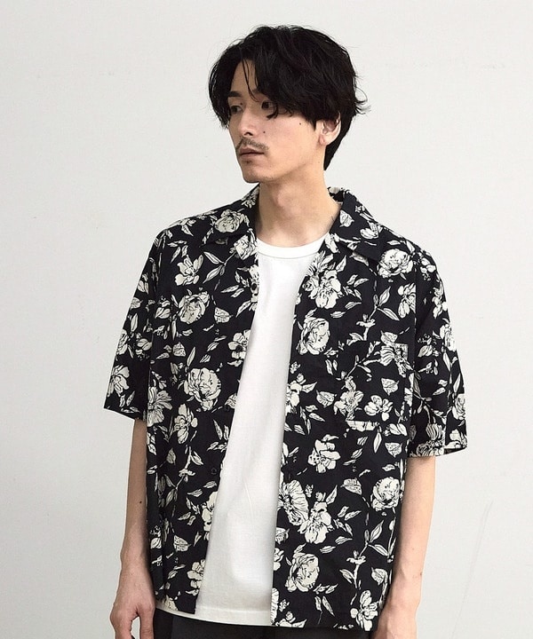 フラワー柄プリントブロードオープンカラー半袖シャツ