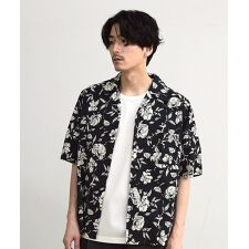 フラワー柄プリントブロードオープンカラー半袖シャツ