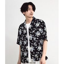 フラワープリントクレープオープンカラー半