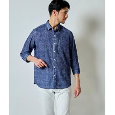 通気性の良いグレンチェック柄プリント７分袖シャツ