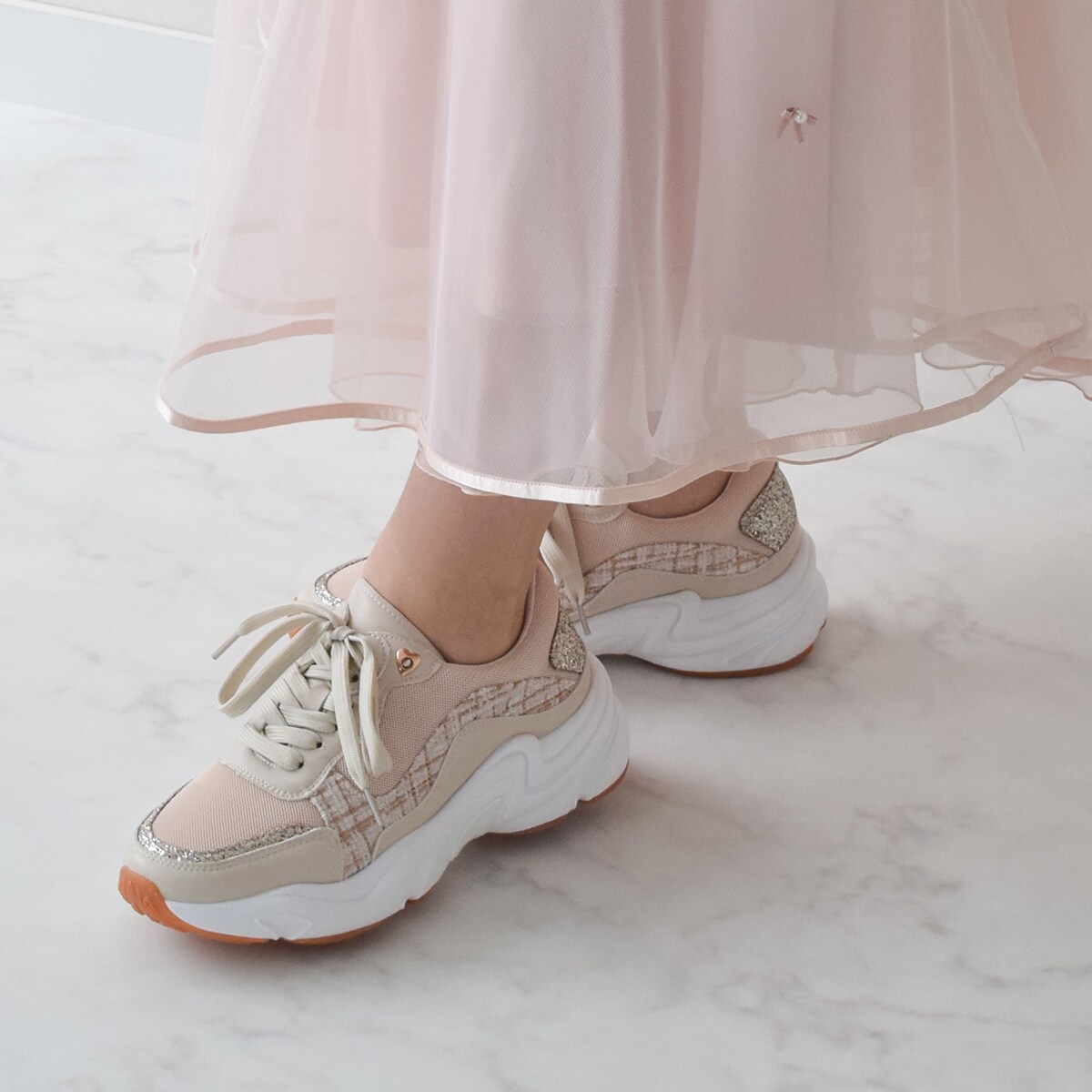 新品ブリジットバーキン★5.5CMヒール ラメ ベージュ スニーカー ブリジット バーキン Bridget Birkin ラメレーススニーカー