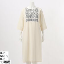 ワッシャー仕上げ刺繍入り七分袖ワンピース【グリーンノート】【大きいサイズ】【13号・15号・19号】
