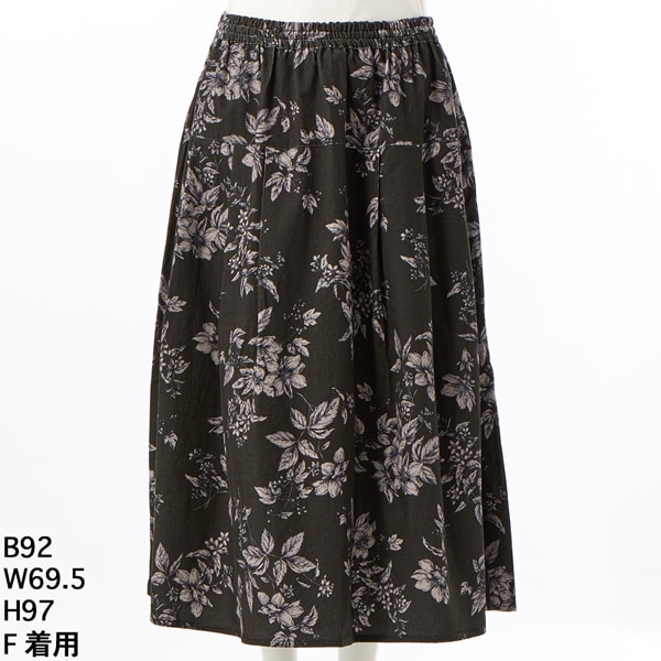 コーデュロイフラワープリントスカート【グリーンノート】【大きい