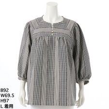 サッカーストライプ＆ギンガムチェックブラウス【グリーンノート】【大きいサイズ】【レディース】