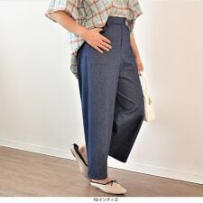【大きいサイズ】ニット ツイル ワイド クロップド パンツ