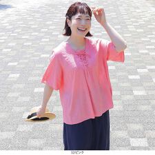 【大きいサイズ】【接触冷感】レースアップブラウス