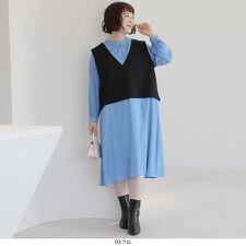 【大きいサイズ】ベストレイヤードバンドカラーワンピース