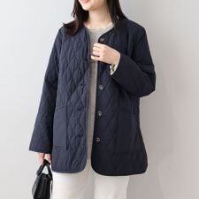 【大きいサイズ】ノーカラーパイピングスプリングキルトジャケット