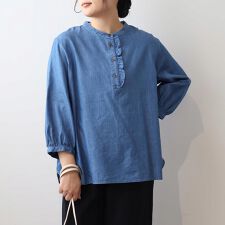 【大きいサイズ】レーヨン混デニムバンドカラーフリルブラウス