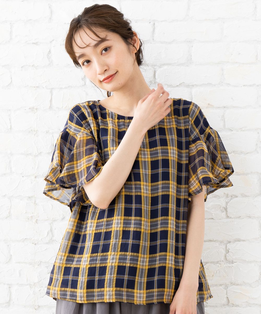 大きいサイズ】9号・15号(M・3L)シアーチェックジャカードブラウス