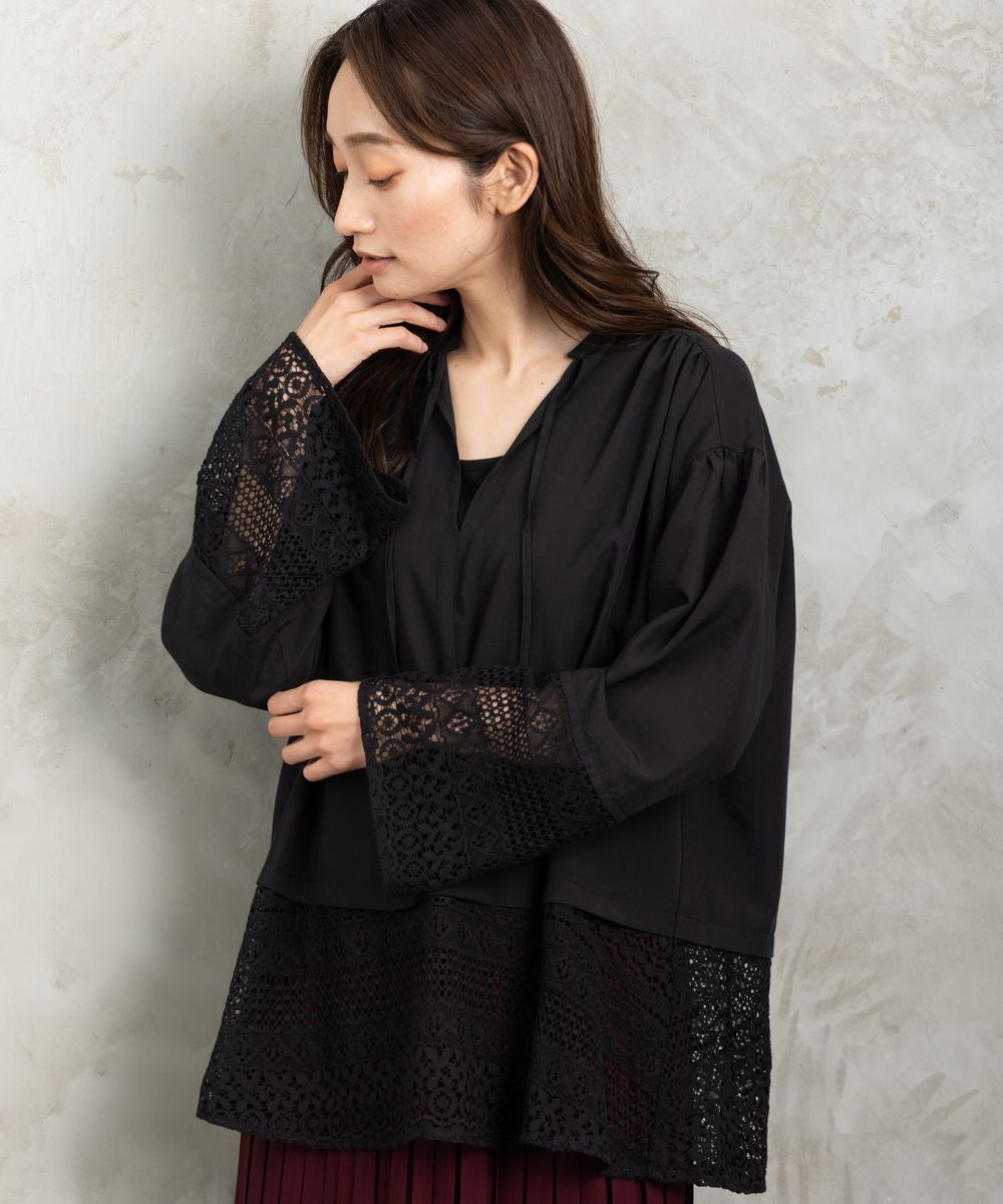 大きいサイズ】 9号・15号(M・3L) クロシェ風レース使いブラウス