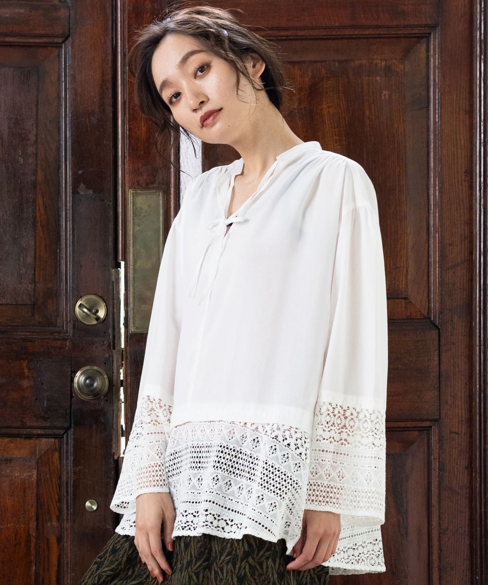大きいサイズ】 9号・15号(M・3L) クロシェ風レース使いブラウス