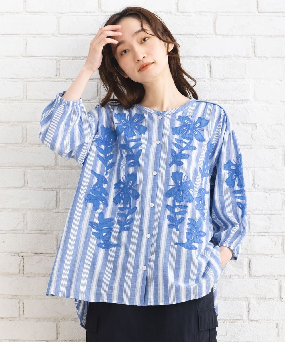 大きいサイズ】 21号(6L～) ストライプ×フラワーエンブロイダリー