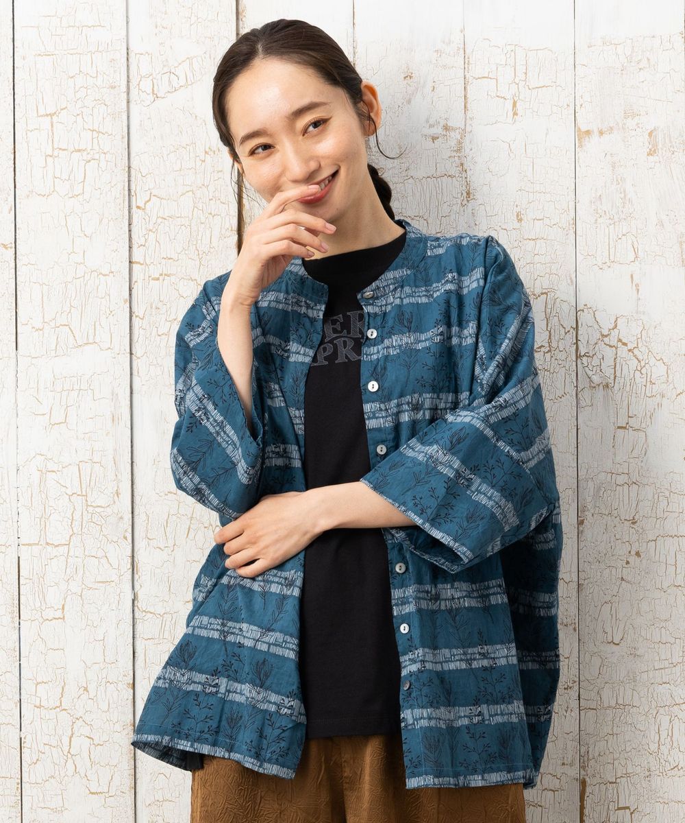 大きいサイズ】 21号(6L～) ボタニカルボーダープリントシャツ | サブ