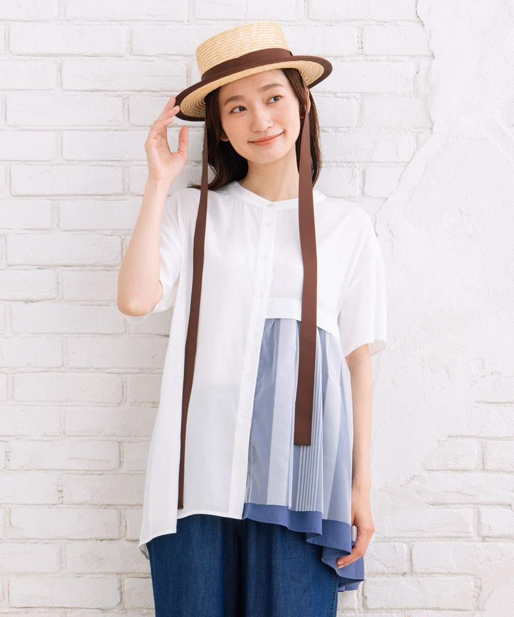 21号(6L〜) FONTLAB 布帛コンビTシャツ 大きいサイズ レディース Tシャツ 異素材ミックス 布帛