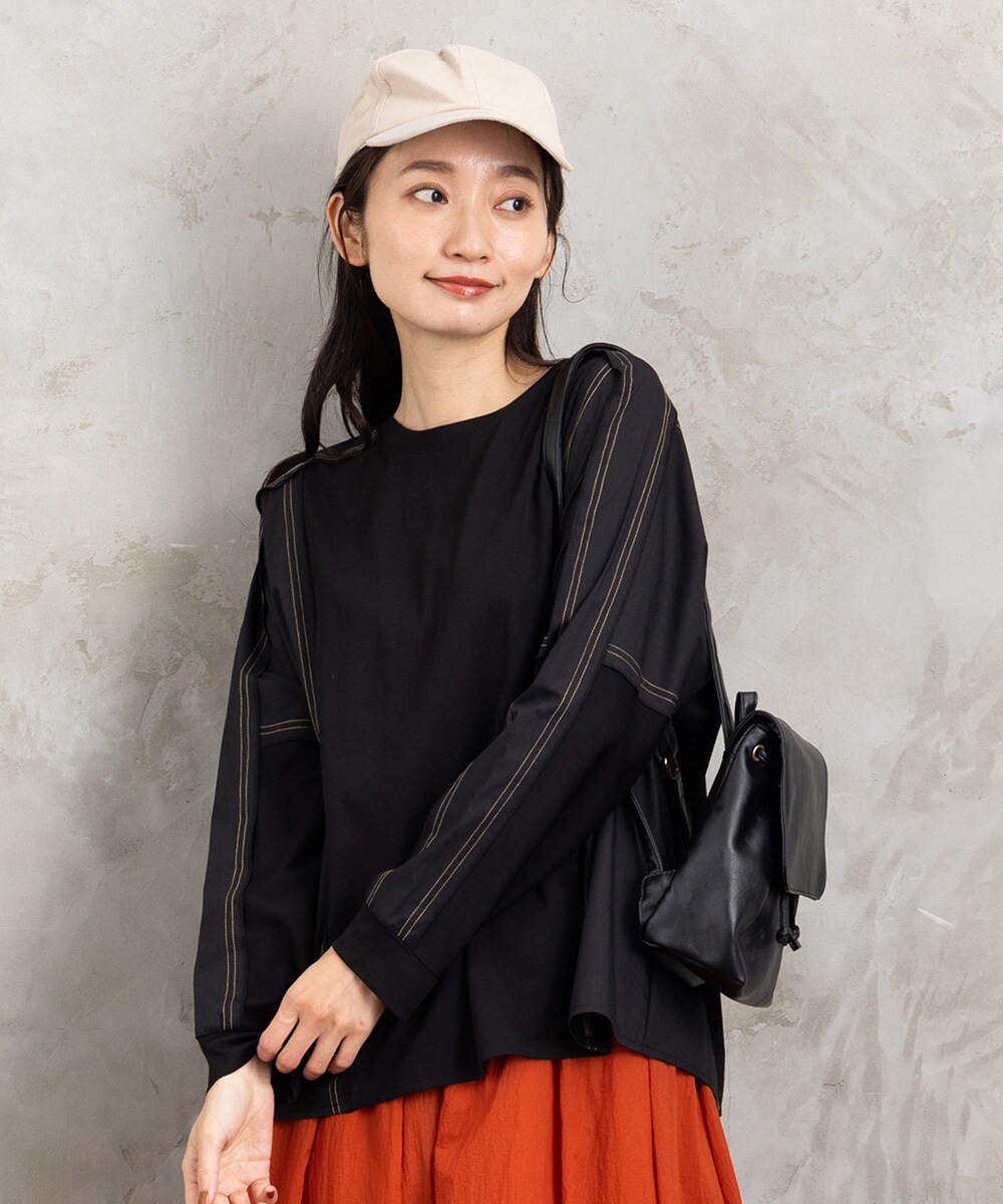 大きいサイズ】15号(3L) FONTLAB 布帛コンビ配色ステッチカットソー