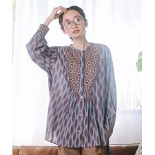 【大きいサイズ】15号(3L) INDESIGN MIXプリントバンドカラーブラウス