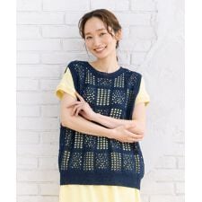 21号(6L～)ホールガーメントブロックレース柄ニットベスト