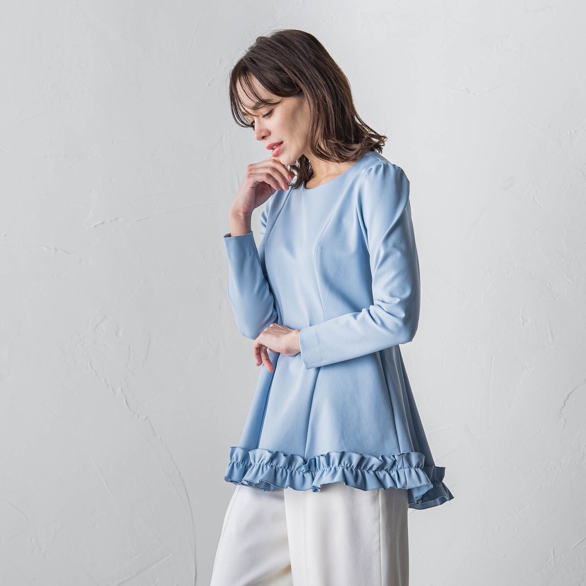 Viaggio Blu. 裏起毛フリルブラウス≪洗濯機で洗える≫ Like Rubber Jersey裏起毛フリルブラウス≪洗濯機で洗える